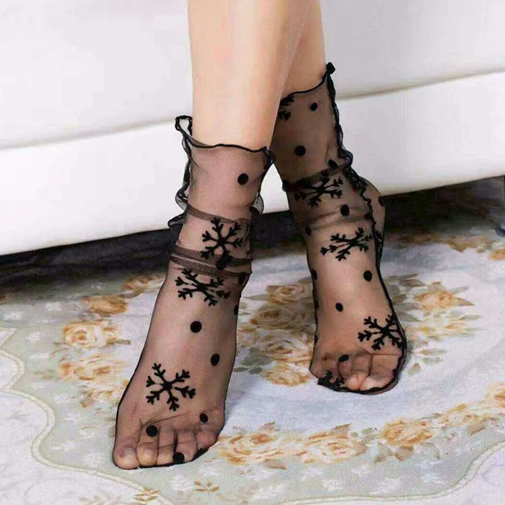 1Pair Fashion Sexy Breathable Silk Heap Heap Soft Elasticity Black Fishnet Lace Flower Mesh Ankle Socks Summer