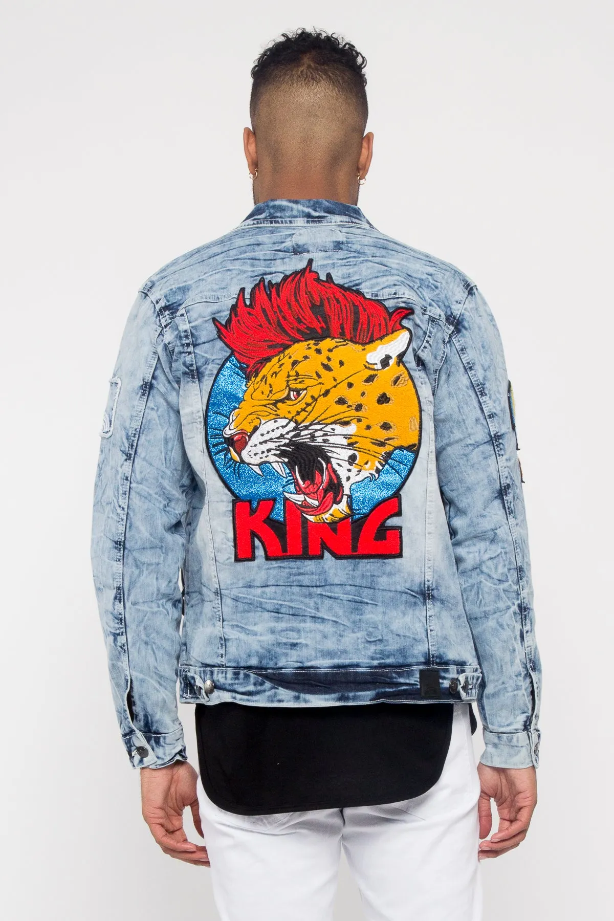 Acid Wash King Applique Patch Jean Jacket