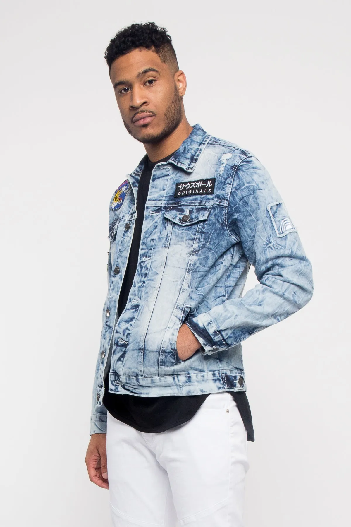 Acid Wash King Applique Patch Jean Jacket