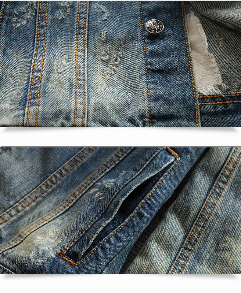 Autumn Retro Distressed Men's Denim Jacket Foreign Trade Jacket Slim Ripped Denim Jacket