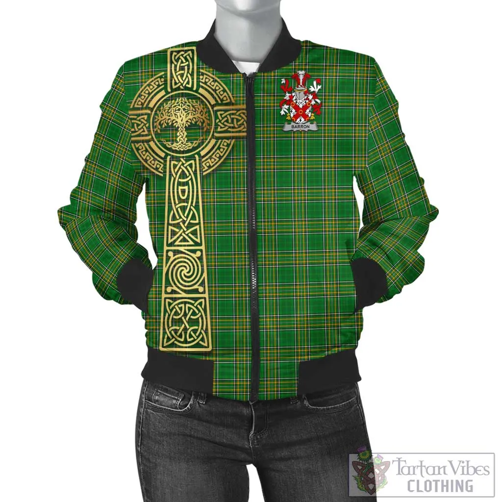 Barron Irish Clan Tartan Bomber Jacket with Coat of Arms Celtic Tree of Life Style