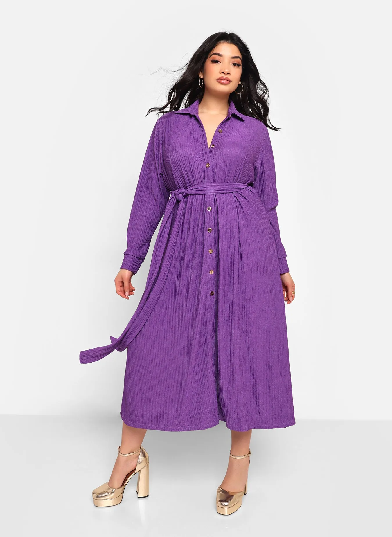 Bellamy Textured Button Front Midi A Line Dress - Violet