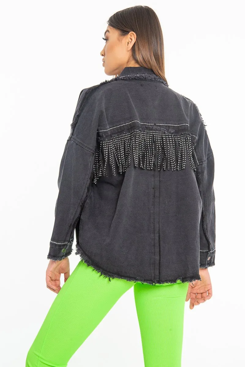 Black Studded Fringe Detail Distressed Denim Jacket - Carli