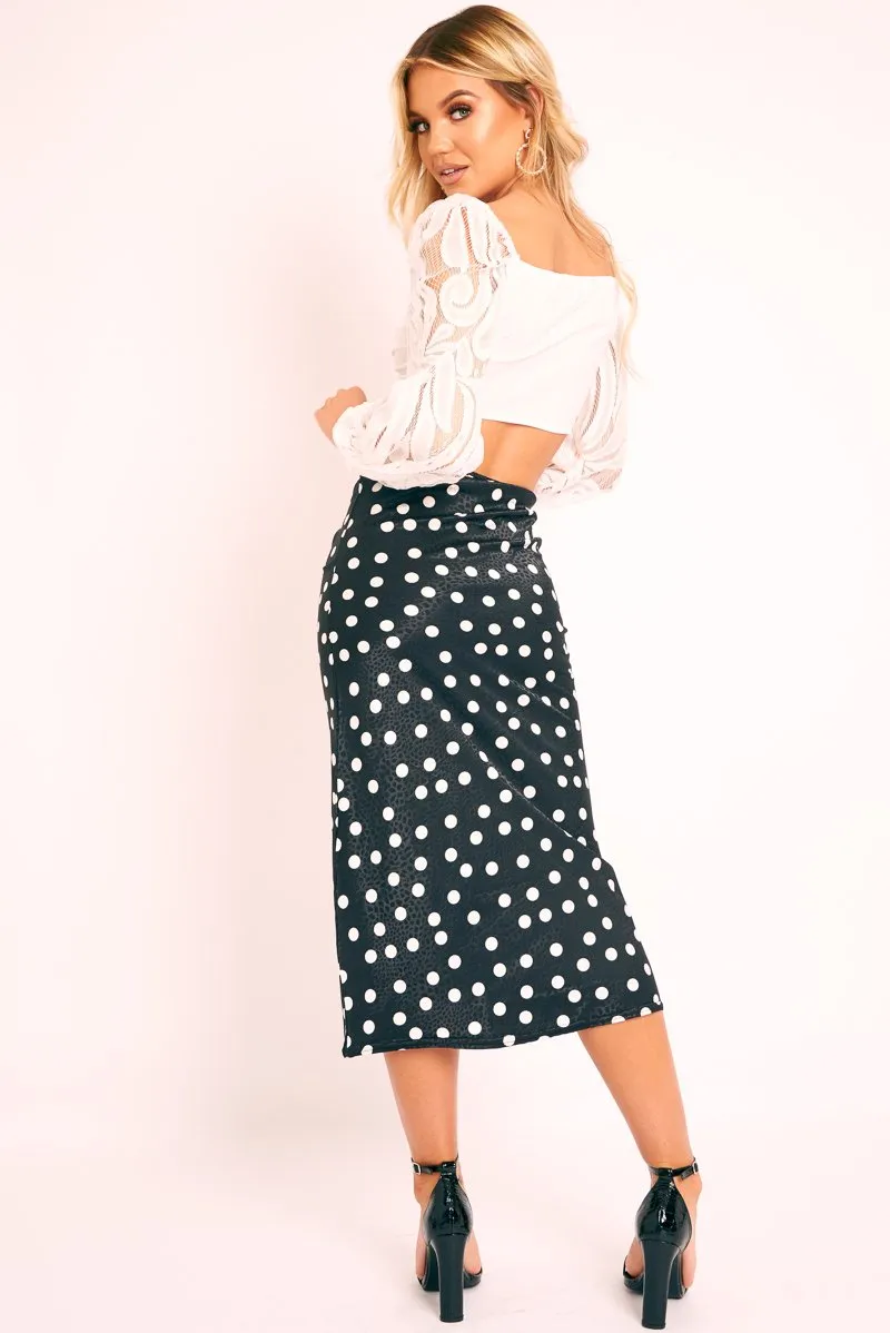 Black White Polka Jacquard Print Satin Midi Skirt - Taija