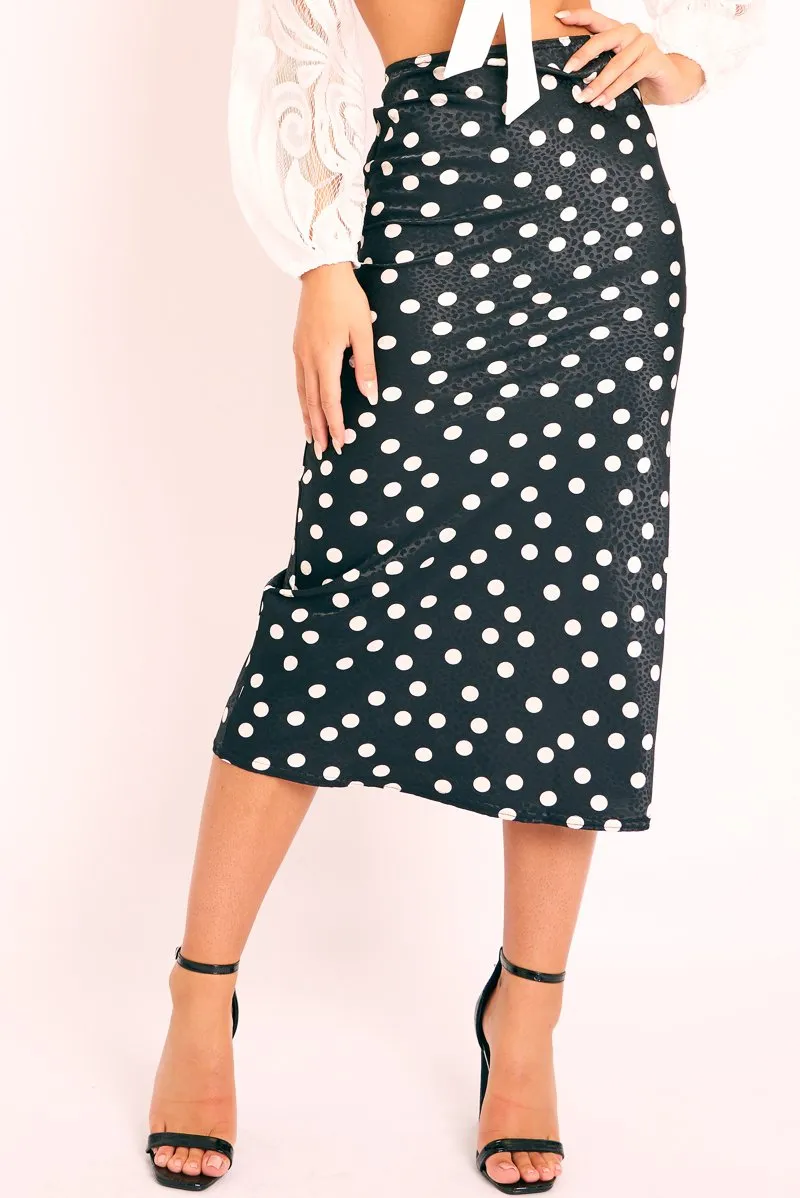 Black White Polka Jacquard Print Satin Midi Skirt - Taija