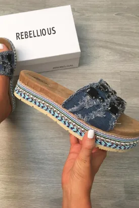 Blue Distressed Denim Embellished Platform Sliders - Milee