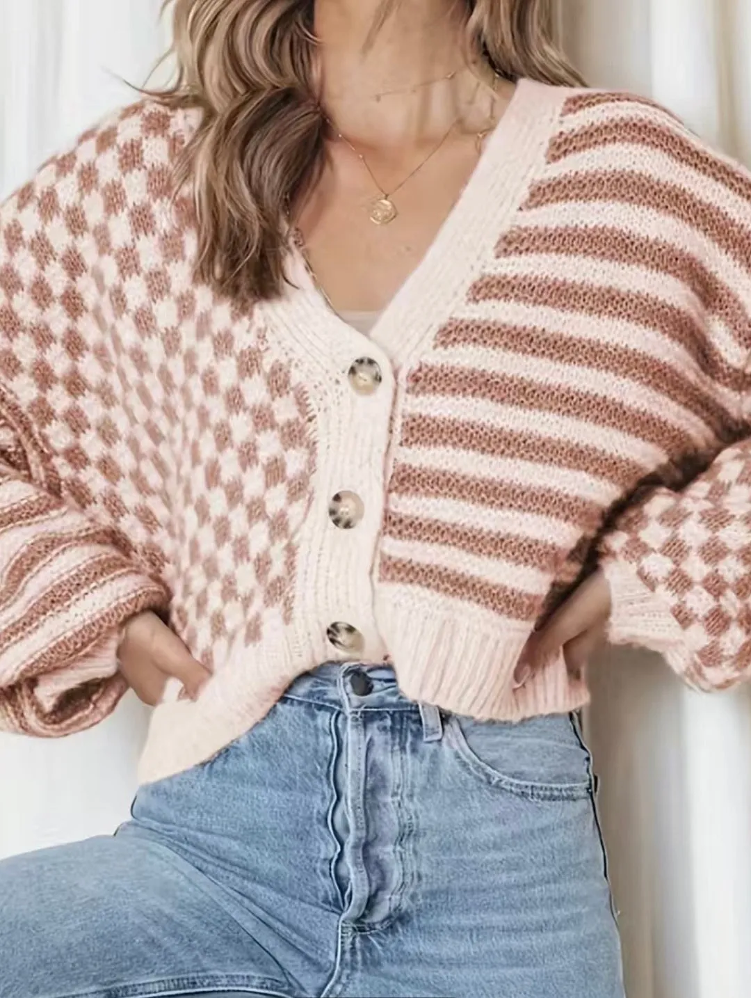 Brown and White Plaid Striped Cardigan