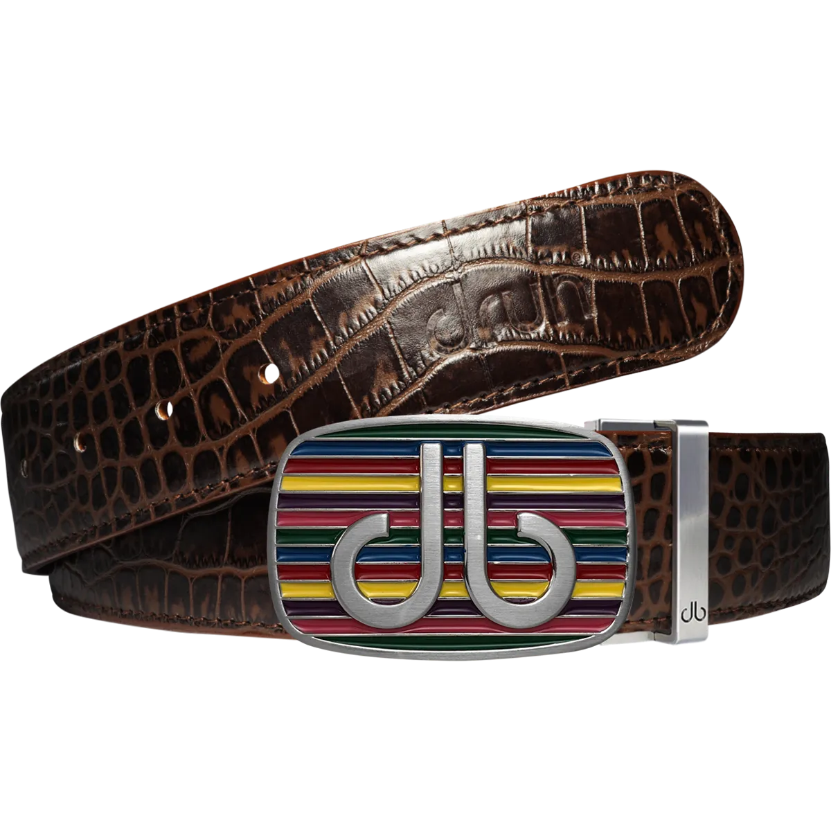 Brown Crocodile Textured Leather Belt with Multi-color Striped Buckle