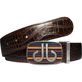 Brown Crocodile Textured Leather Belt with Multi-color Striped Buckle