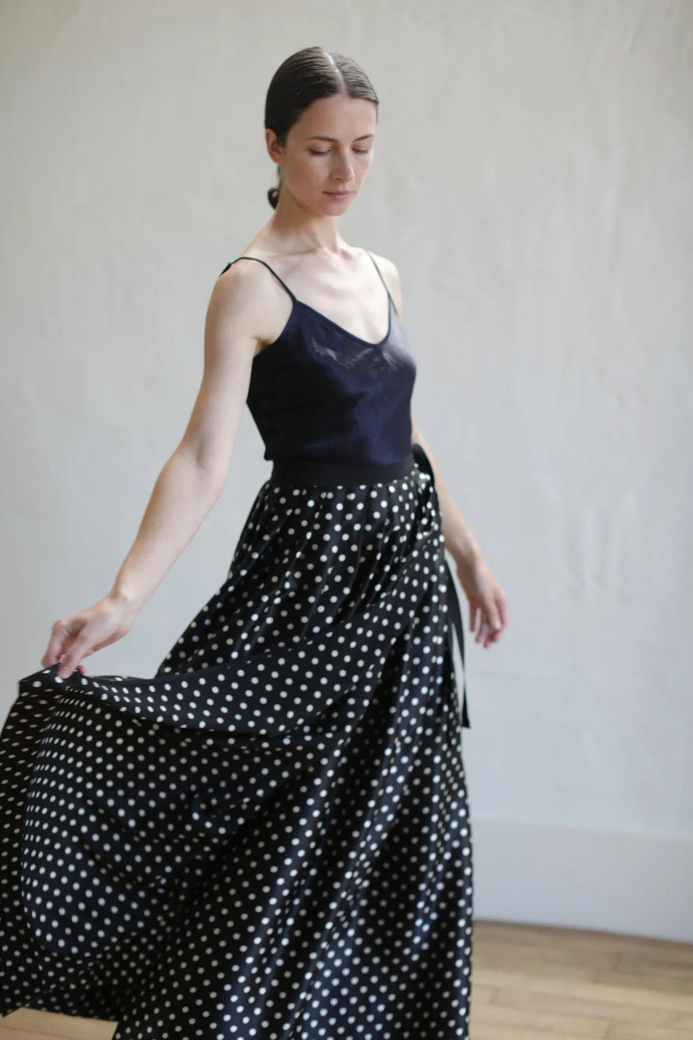 Charmeuse Pleated Long Wrap Skirt | B/W Polkadot