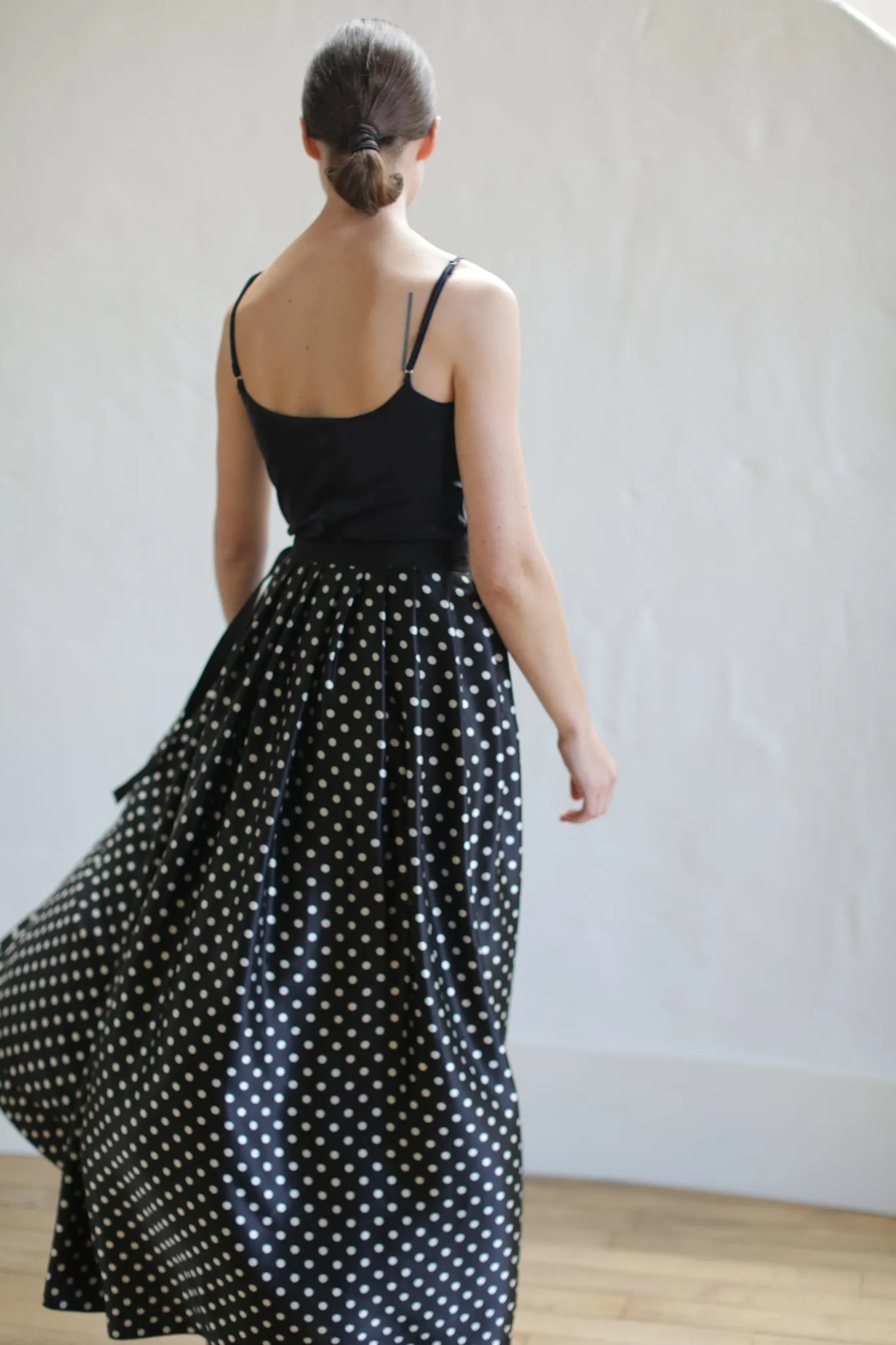 Charmeuse Pleated Long Wrap Skirt | B/W Polkadot