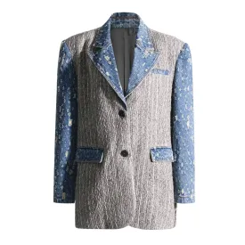 Colorblock Blazers For Women Notched Collar Long Sleeve Patchwork Single Breasted Distressed Chic Blazer Female