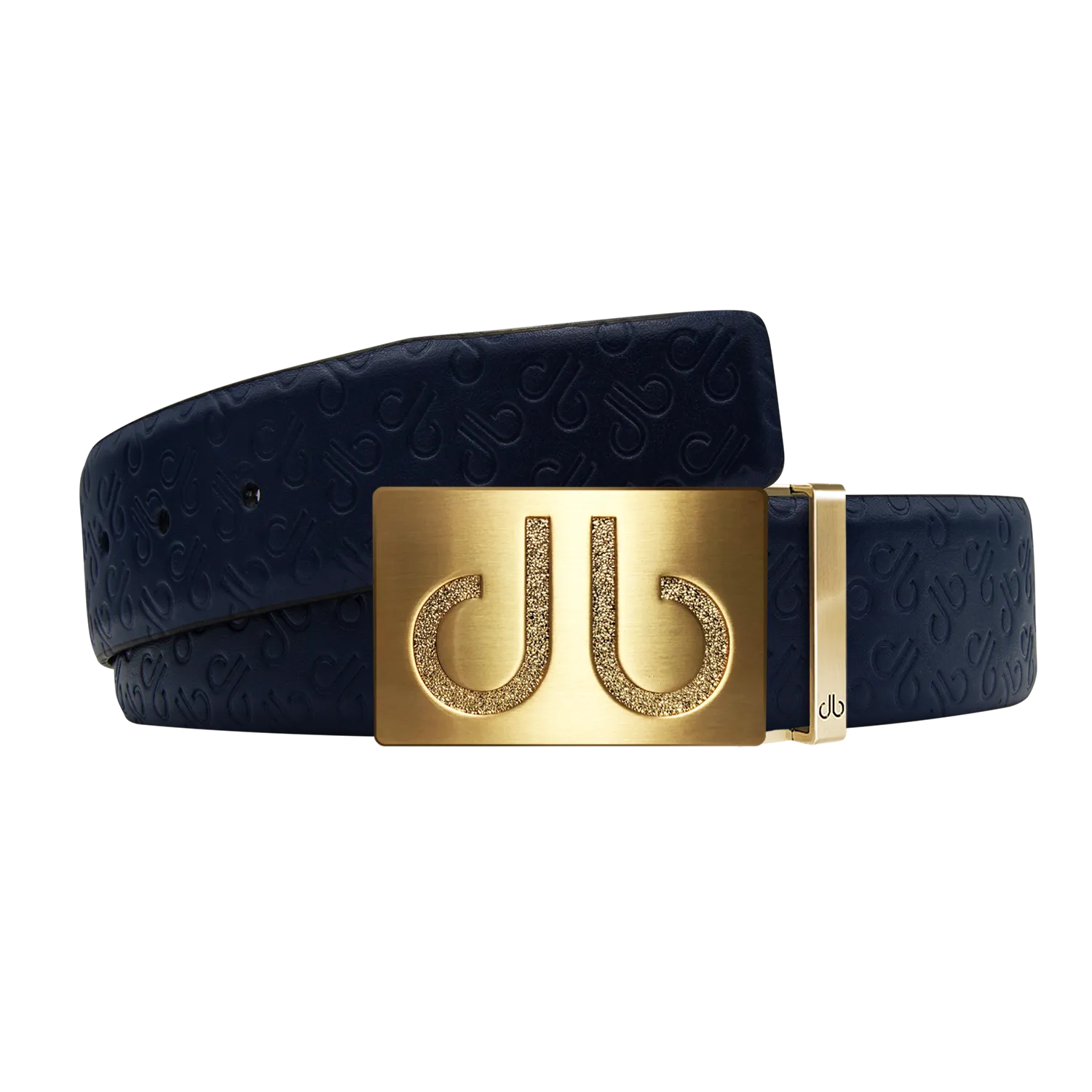 Dark Blue Db Icon Pattern Embossed Leather Belt With Gold Druh Db Classic Buckle