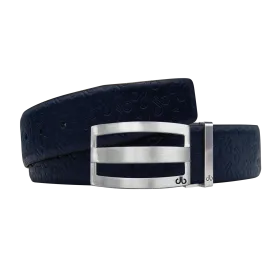 Dark Blue Db Icon Pattern Embossed Leather Belt With Silver Druh Db Classic Striped Buckle