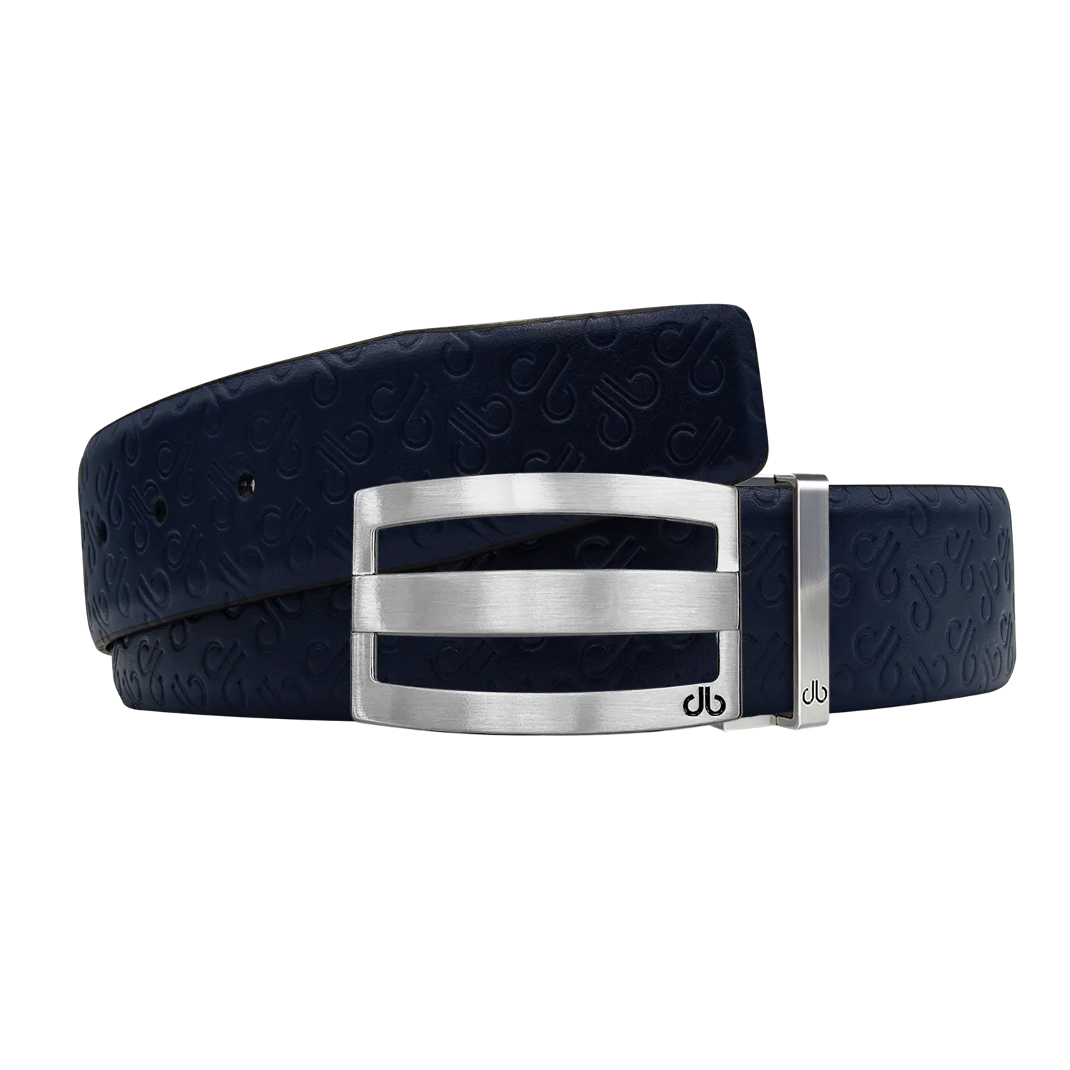 Dark Blue Db Icon Pattern Embossed Leather Belt With Silver Druh Db Classic Striped Buckle