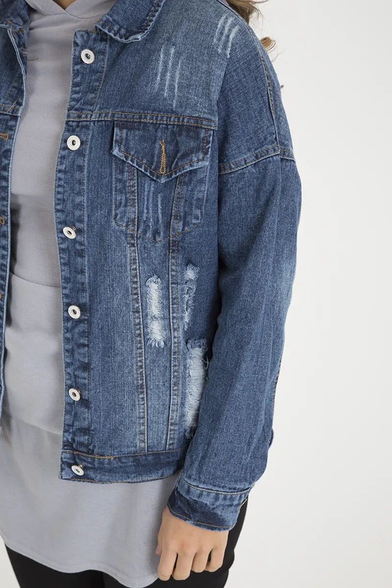 Dark Wash Distressed Denim Jacket - Madison