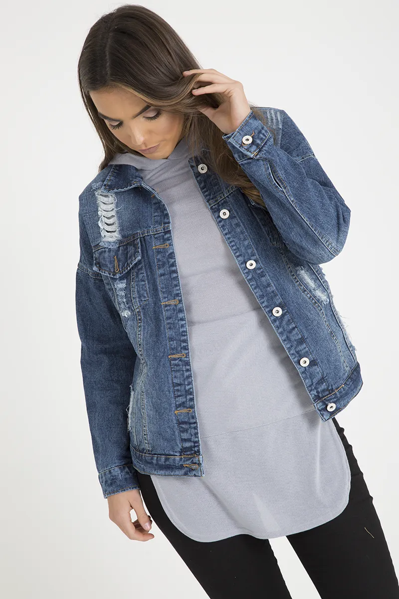 Dark Wash Distressed Denim Jacket - Madison