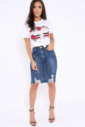 Denim Distressed Midi Skirt - Diana