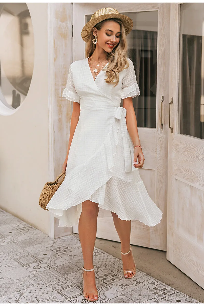 Elegant Ruffled Wrap V-Neck Plaid A-Line Boho Midi Dress