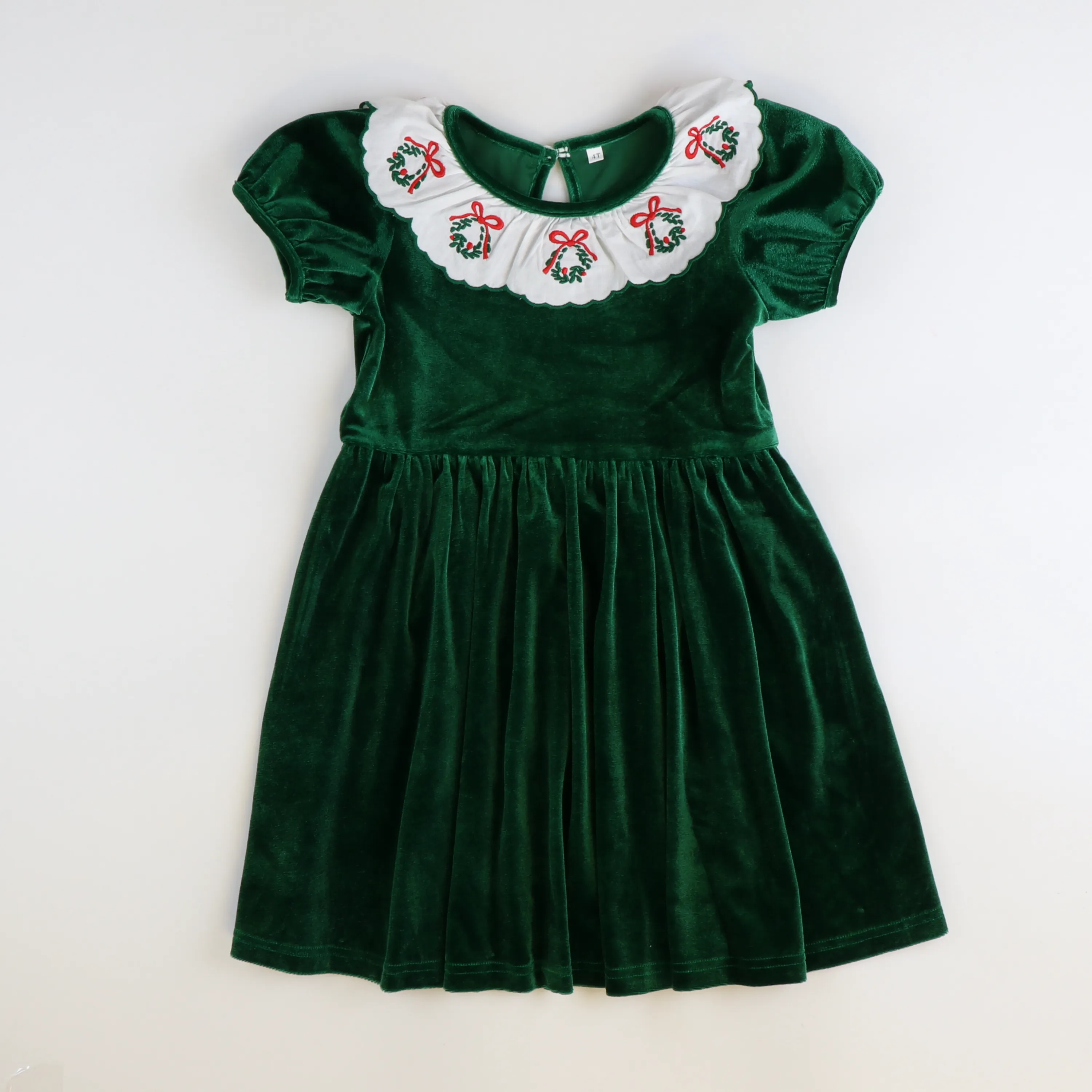 Embroidered Wreath Emerald Velvet Dress