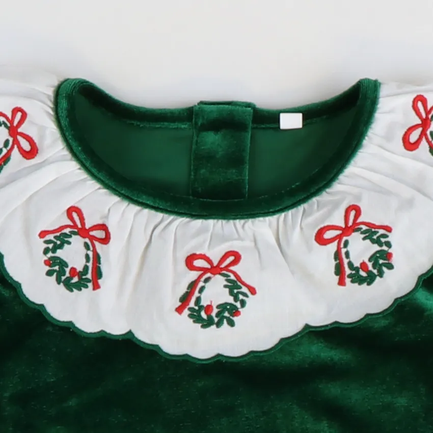 Embroidered Wreath Emerald Velvet Dress