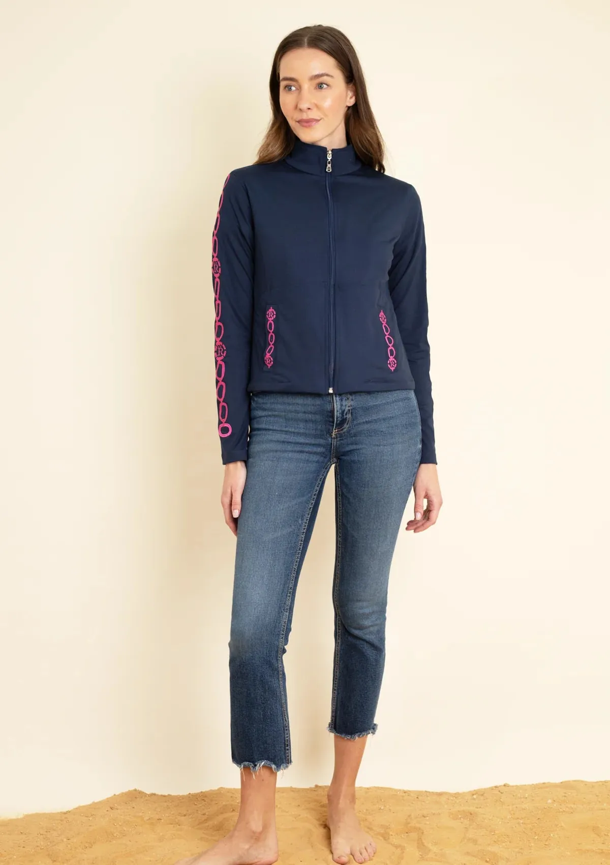 Equus Embroidered Zip Jacket | Navy & Pink