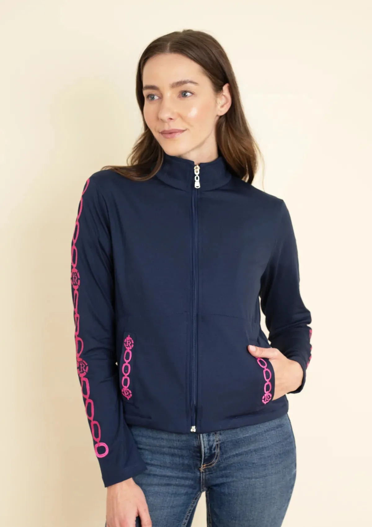 Equus Embroidered Zip Jacket | Navy & Pink