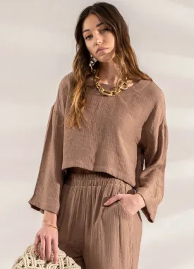 Extended Shoulder Cropped Top in Mocha by Blu Pepper