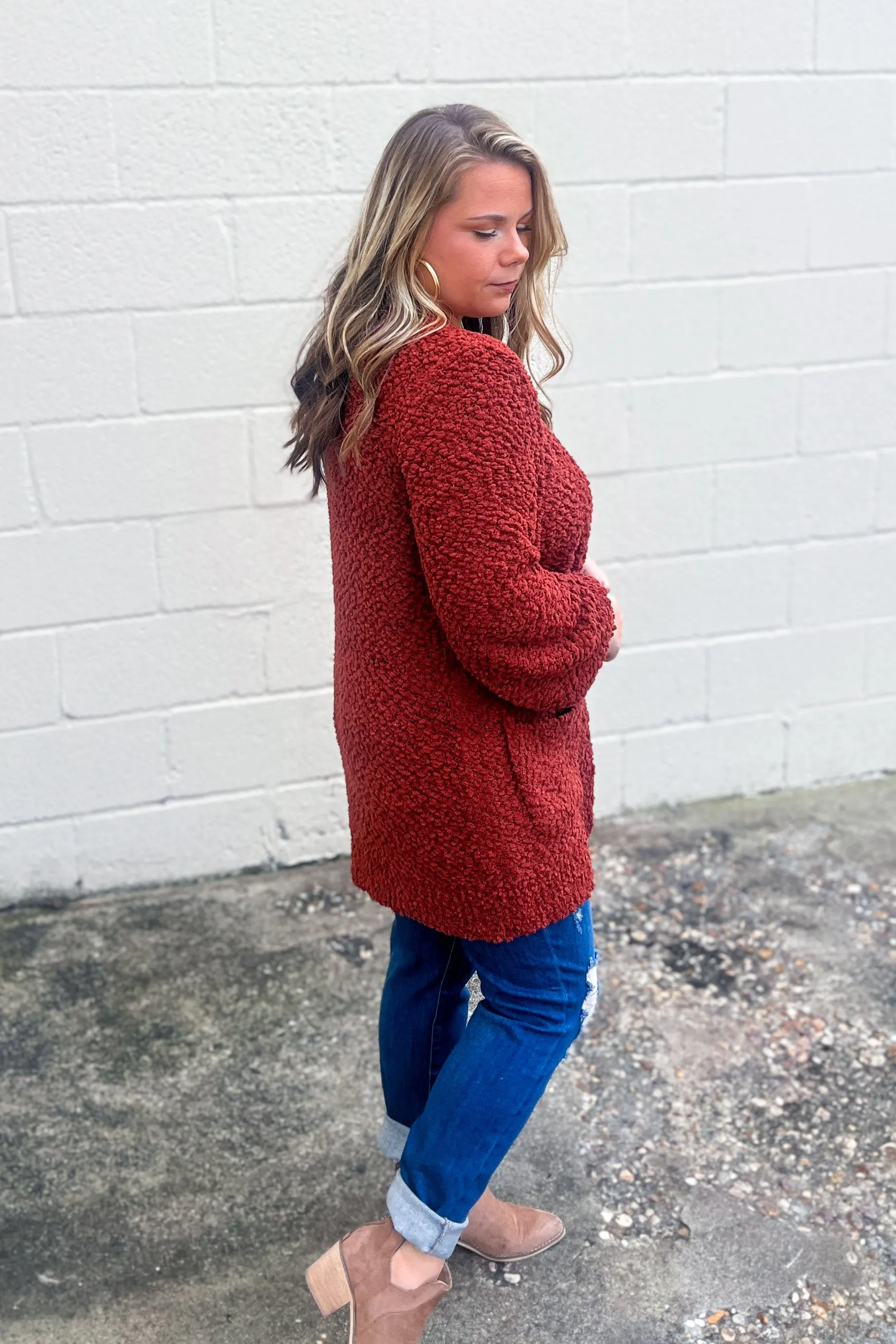 Gina Popcorn Cardigan, Dark Rust