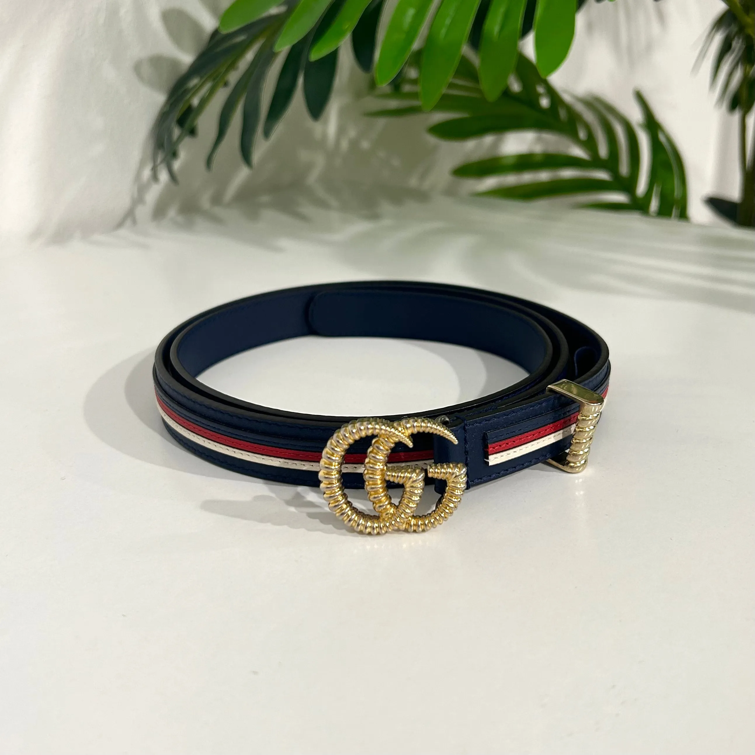 Gucci Torchon Sylvie Navy & Red Stripe Thin Belt