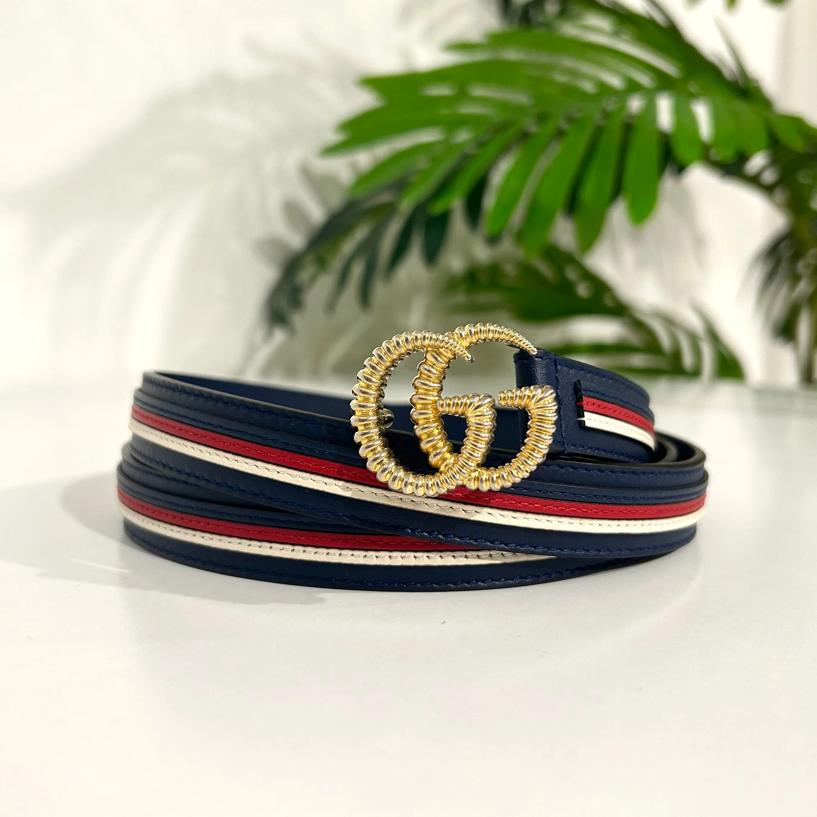 Gucci Torchon Sylvie Navy & Red Stripe Thin Belt