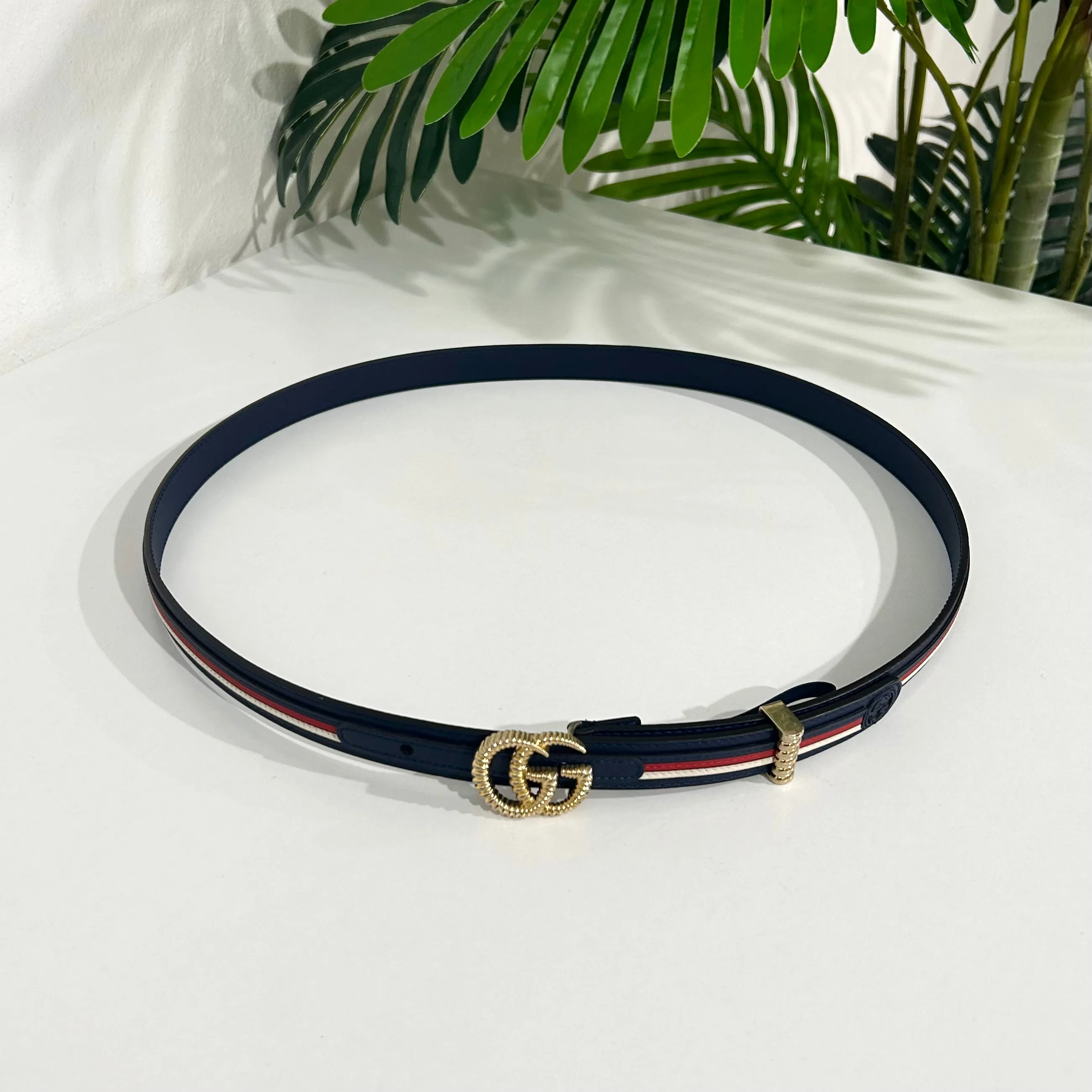 Gucci Torchon Sylvie Navy & Red Stripe Thin Belt