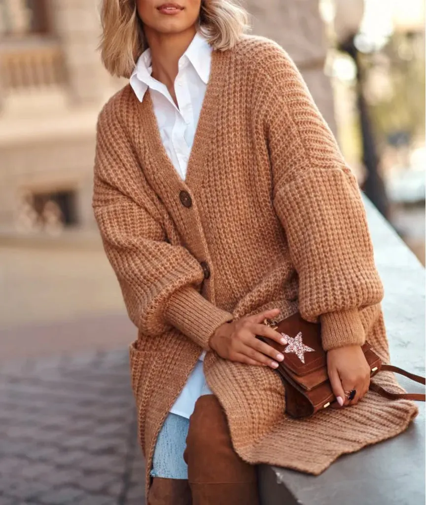 iForgirls Brown Long Sleeve Collarless Plain Sweater