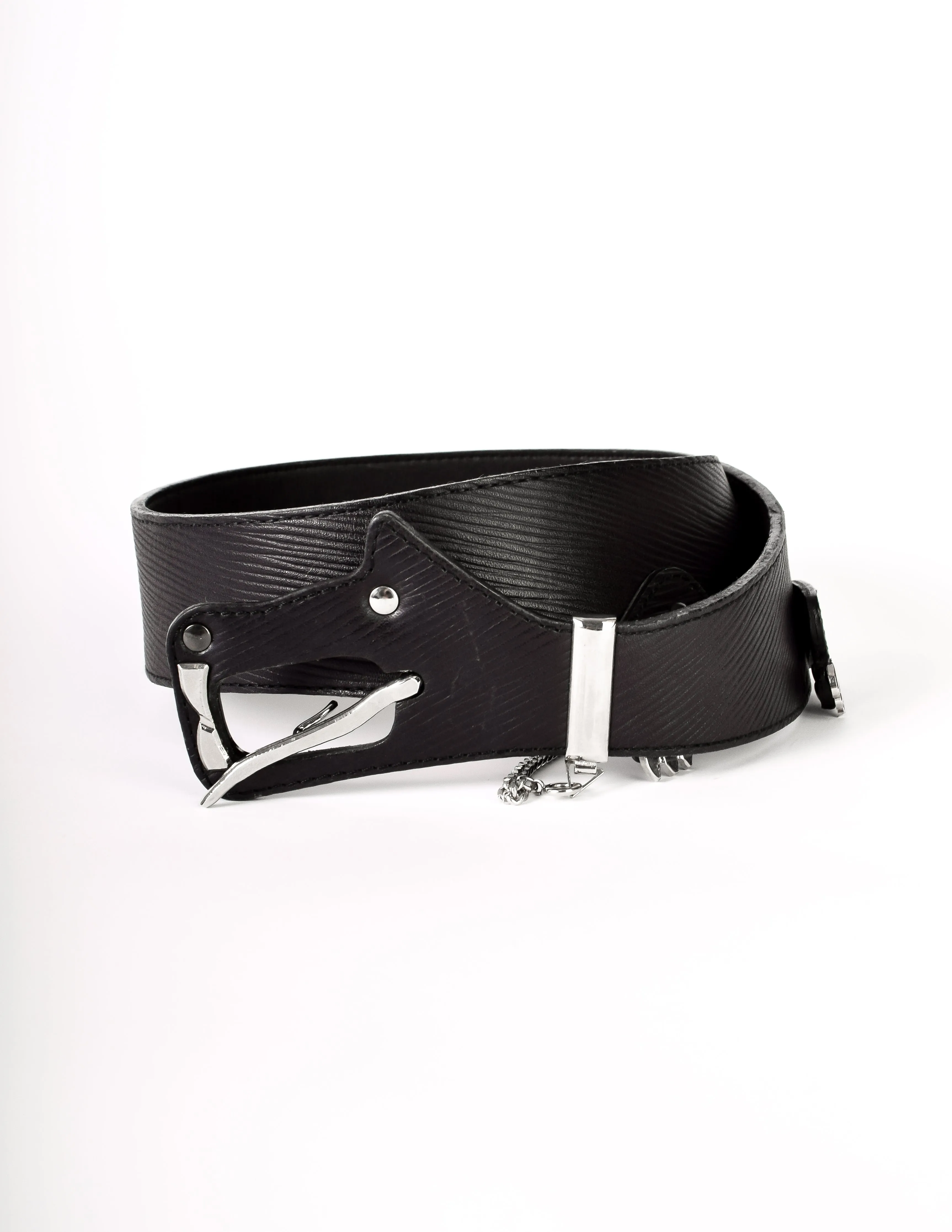 Issey Miyake Vintage Black Leather Silver Chain Dragon Belt