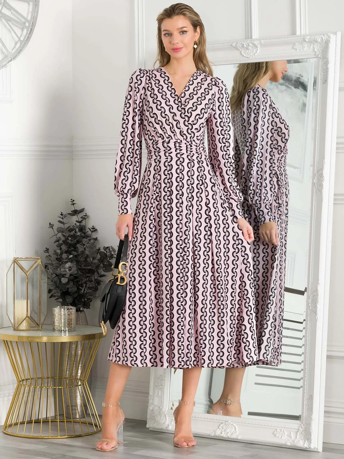 Jolie Moi Nancy Long Sleeve Maxi Dress, Pink Geo