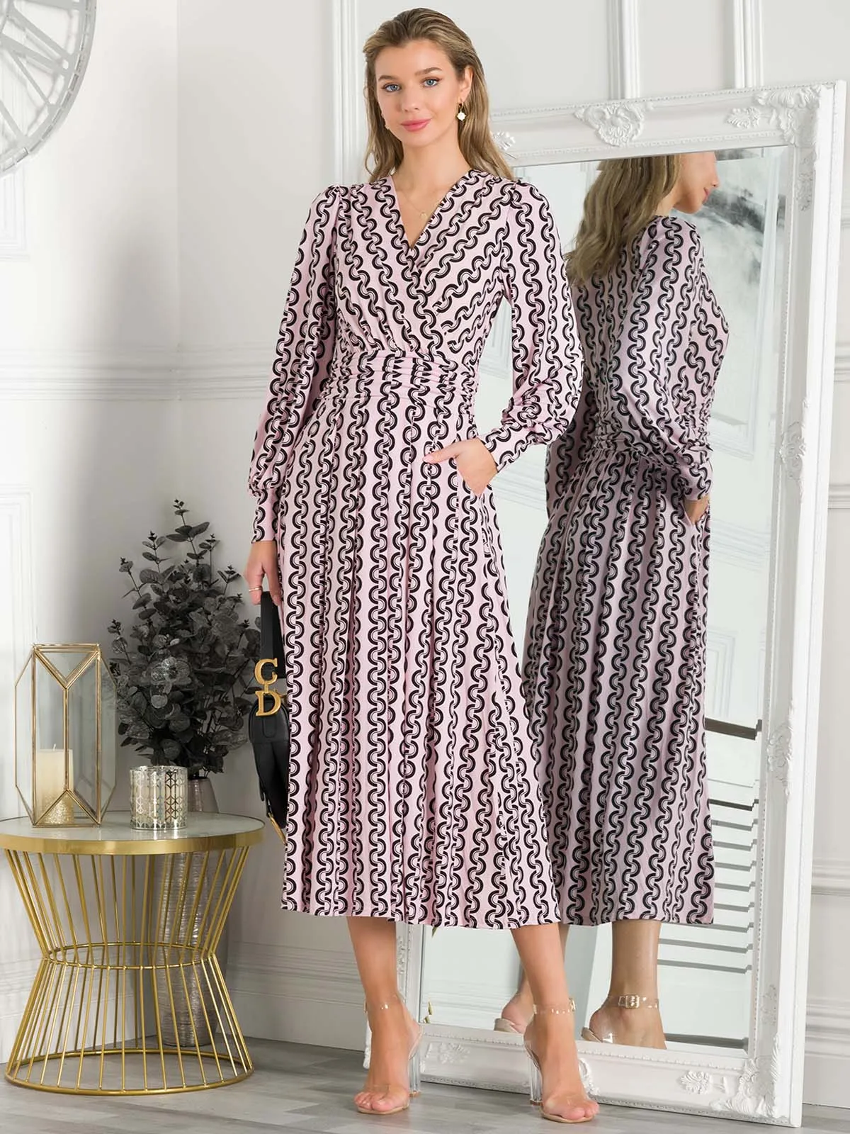 Jolie Moi Nancy Long Sleeve Maxi Dress, Pink Geo