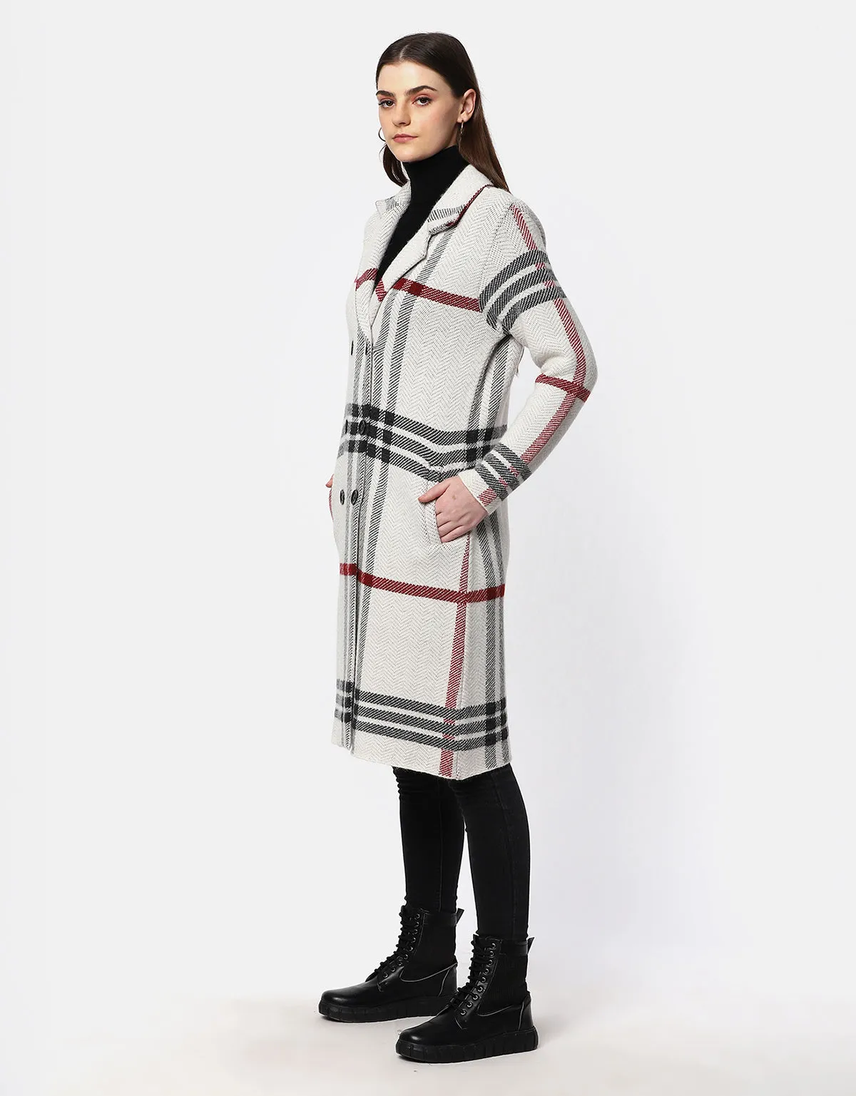 Knitted Double Breasted with Collar Neck Long Coat