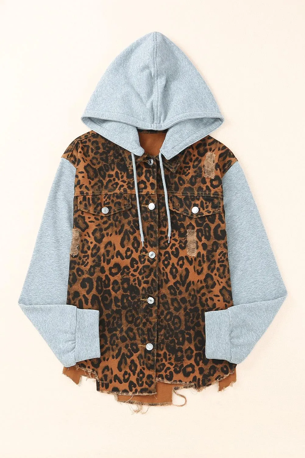 Leopard Distressed Drawstring Hooded Denim Jacket