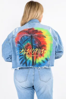 Plus Size California Painting Cropped Denim Jacket