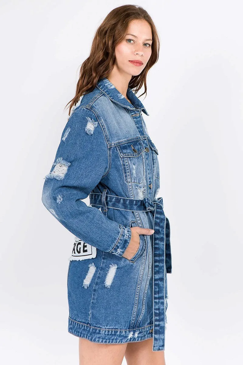 Plus-Size Carey Letter Patched Dark Blue Distressed Denim Jacket