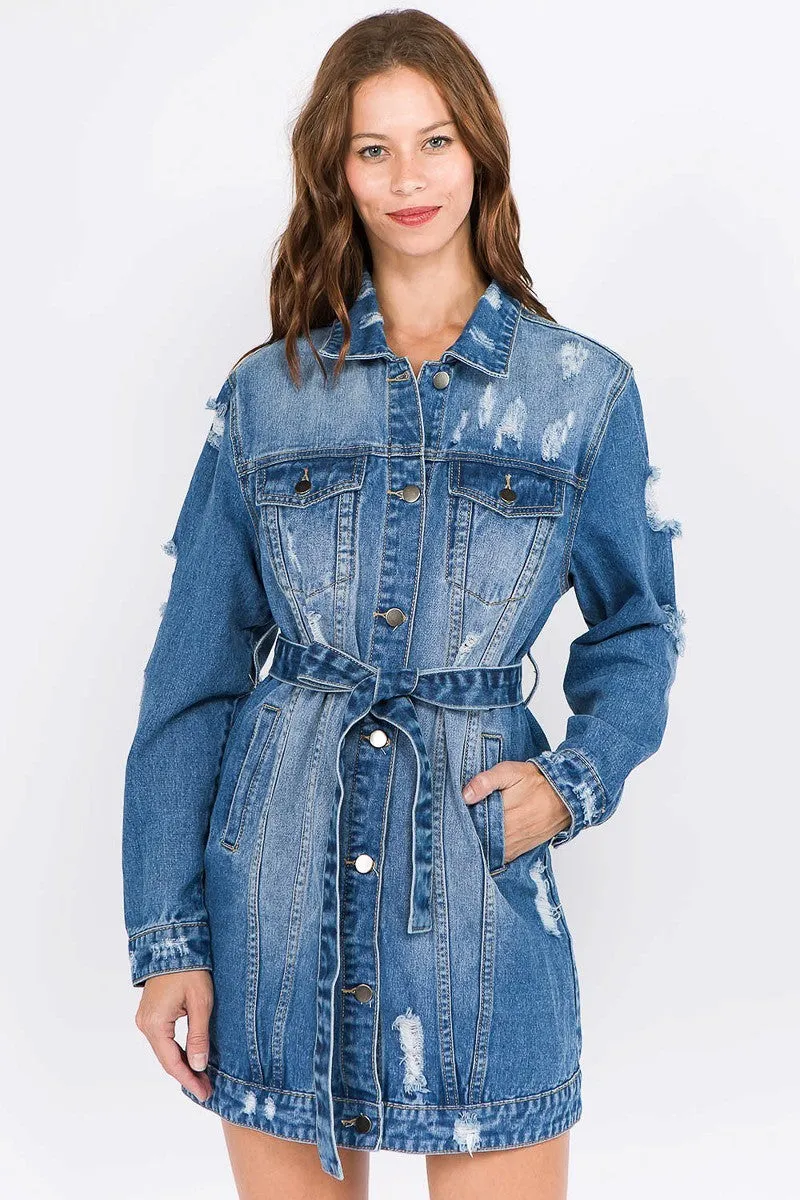 Plus-Size Carey Letter Patched Dark Blue Distressed Denim Jacket