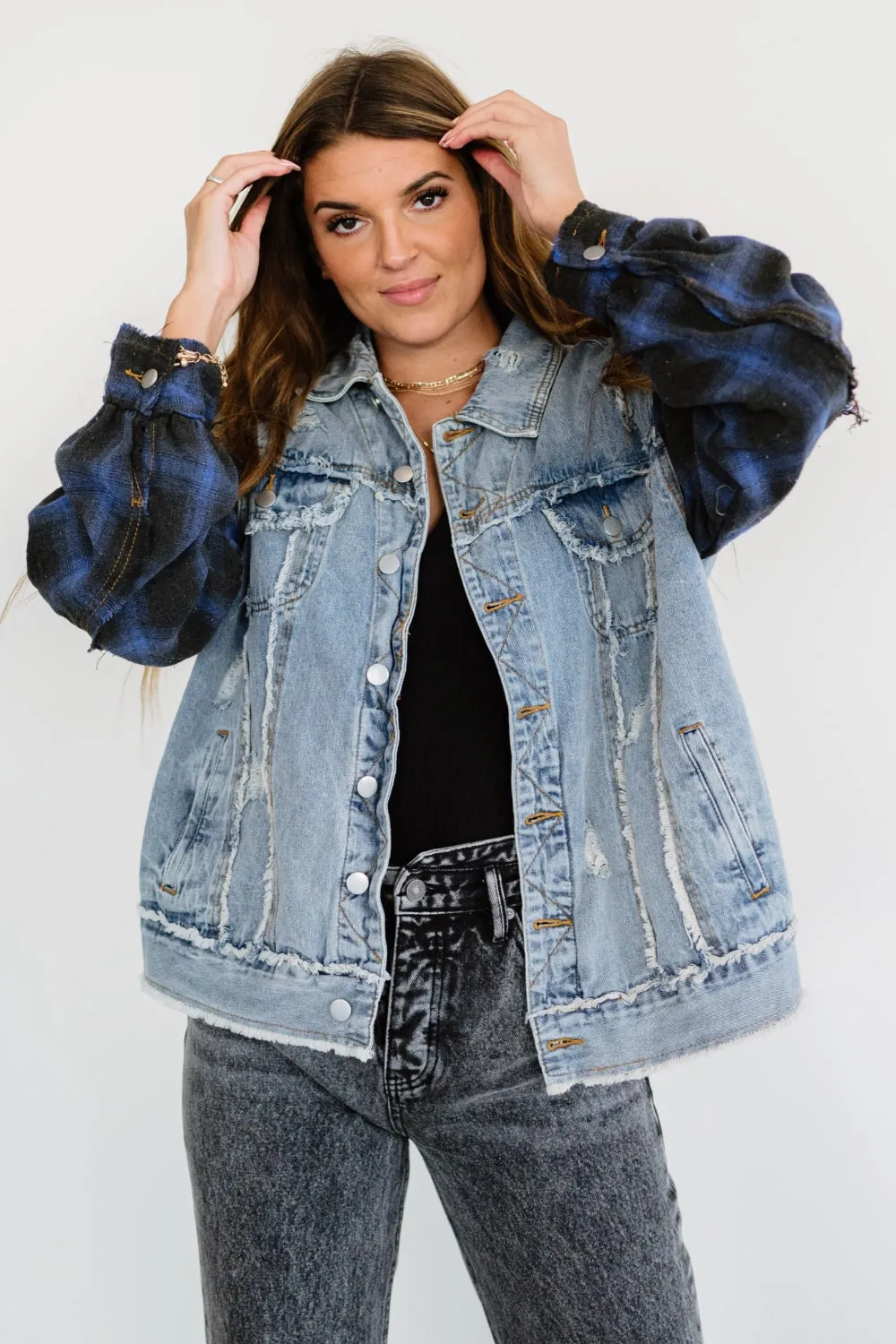 POL Out of the Woods Plaid Button Front Spliced Denim Jacket