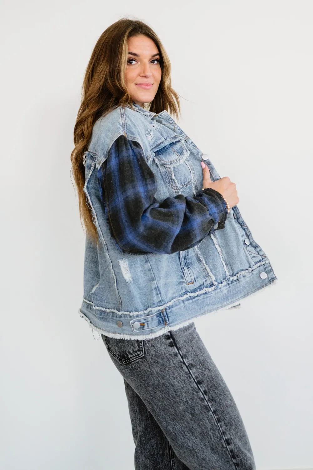 POL Out of the Woods Plaid Button Front Spliced Denim Jacket