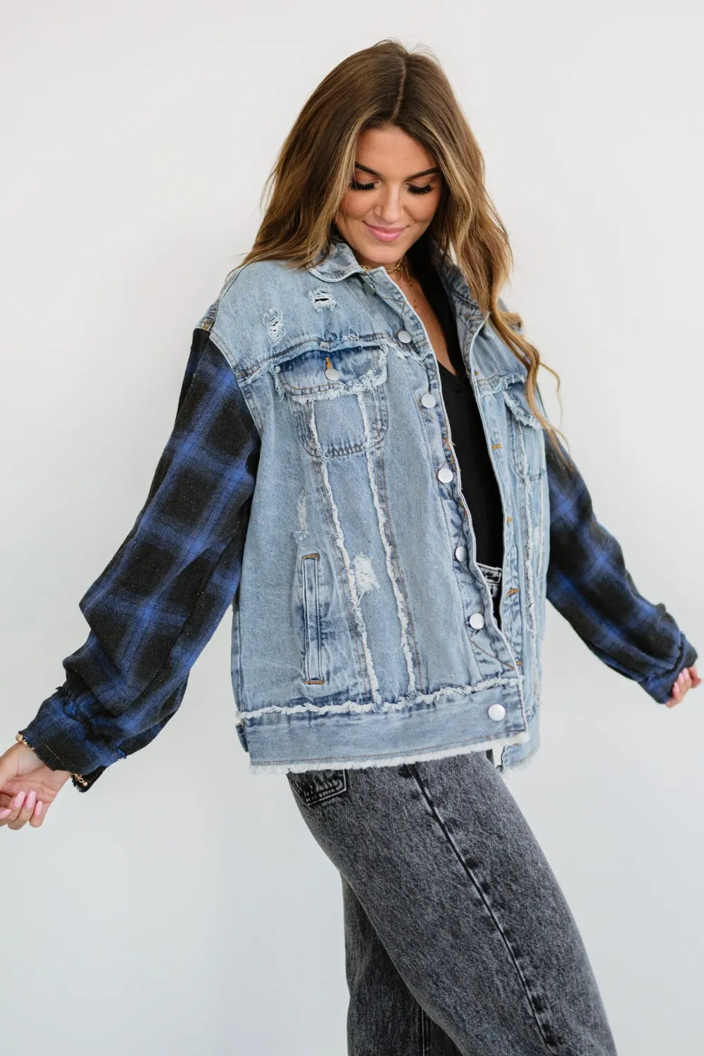 POL Out of the Woods Plaid Button Front Spliced Denim Jacket