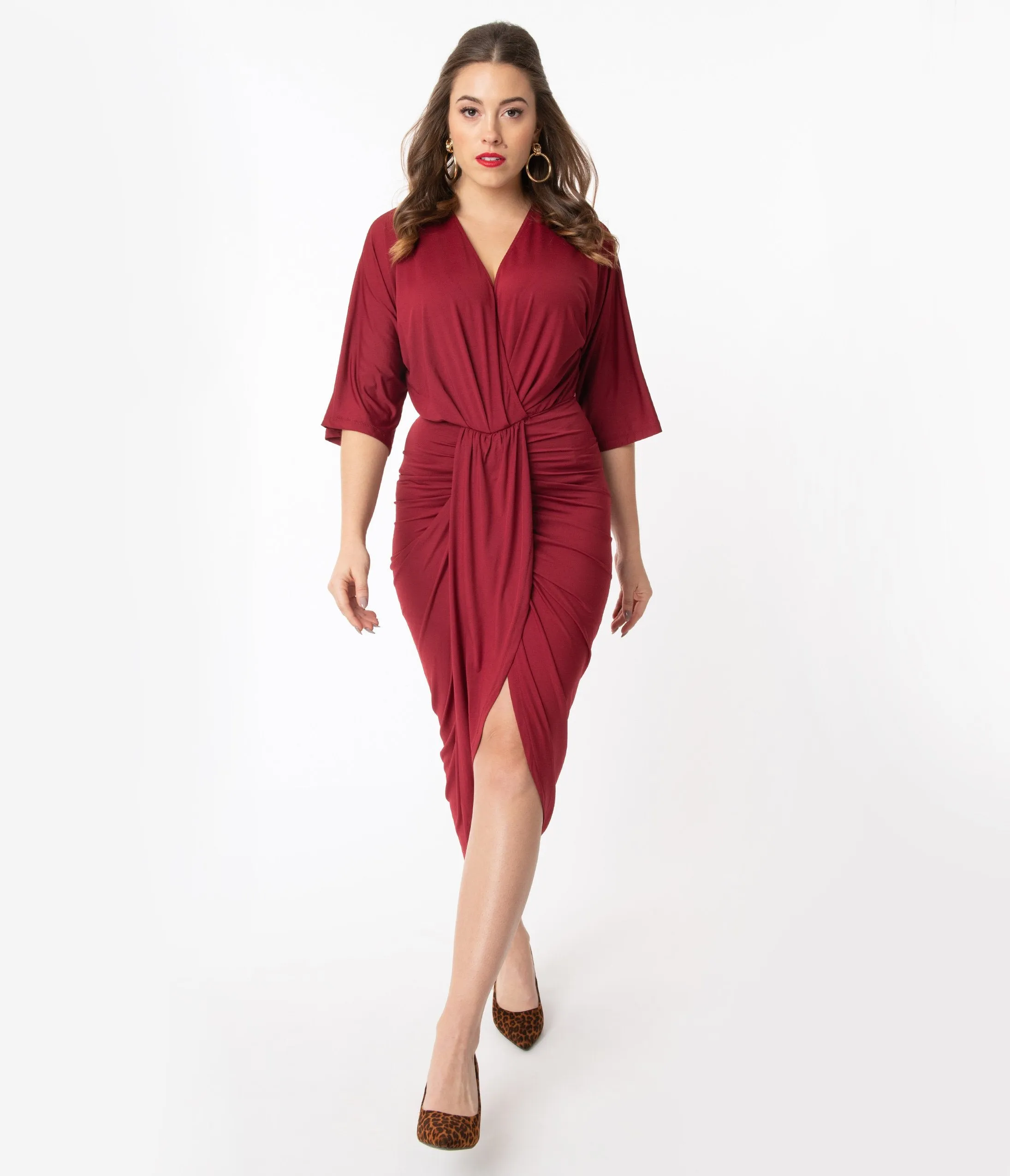 Retro Style Burgundy Ruched Wrap Front Dress