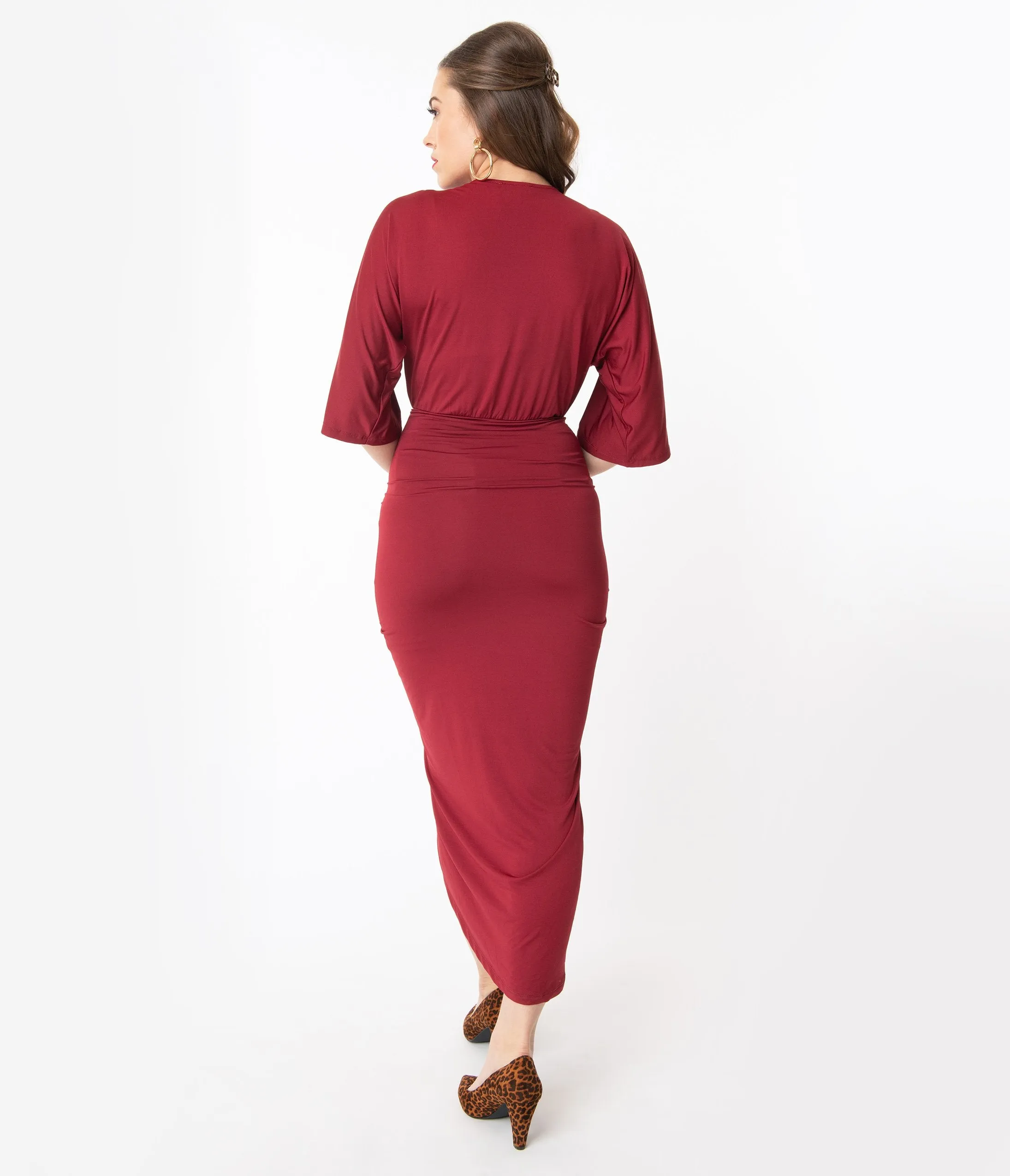 Retro Style Burgundy Ruched Wrap Front Dress