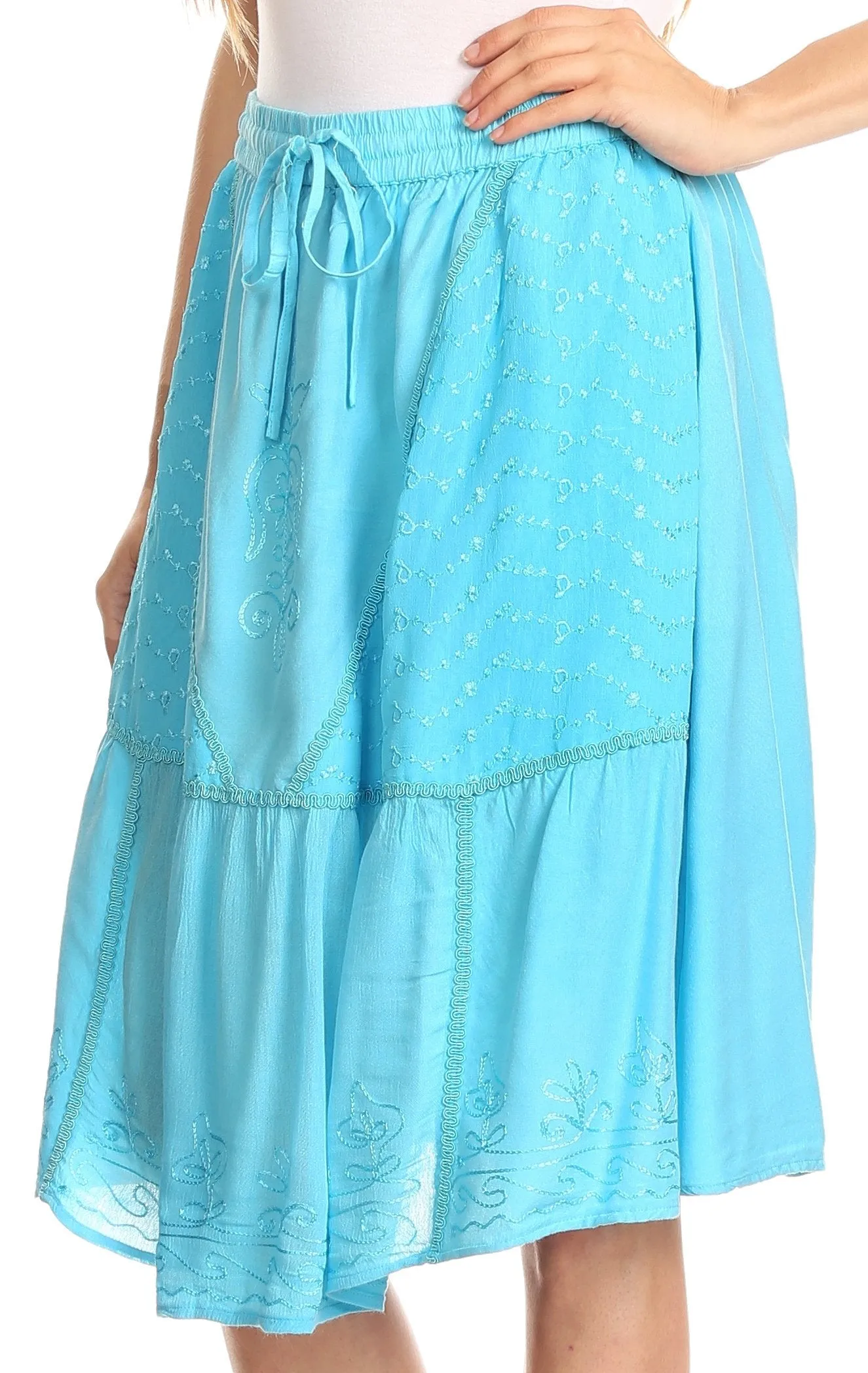 Sakkas Beyza  Casual Peasant Mid Skirt with Elastic Waist Embroidery and Eyelet