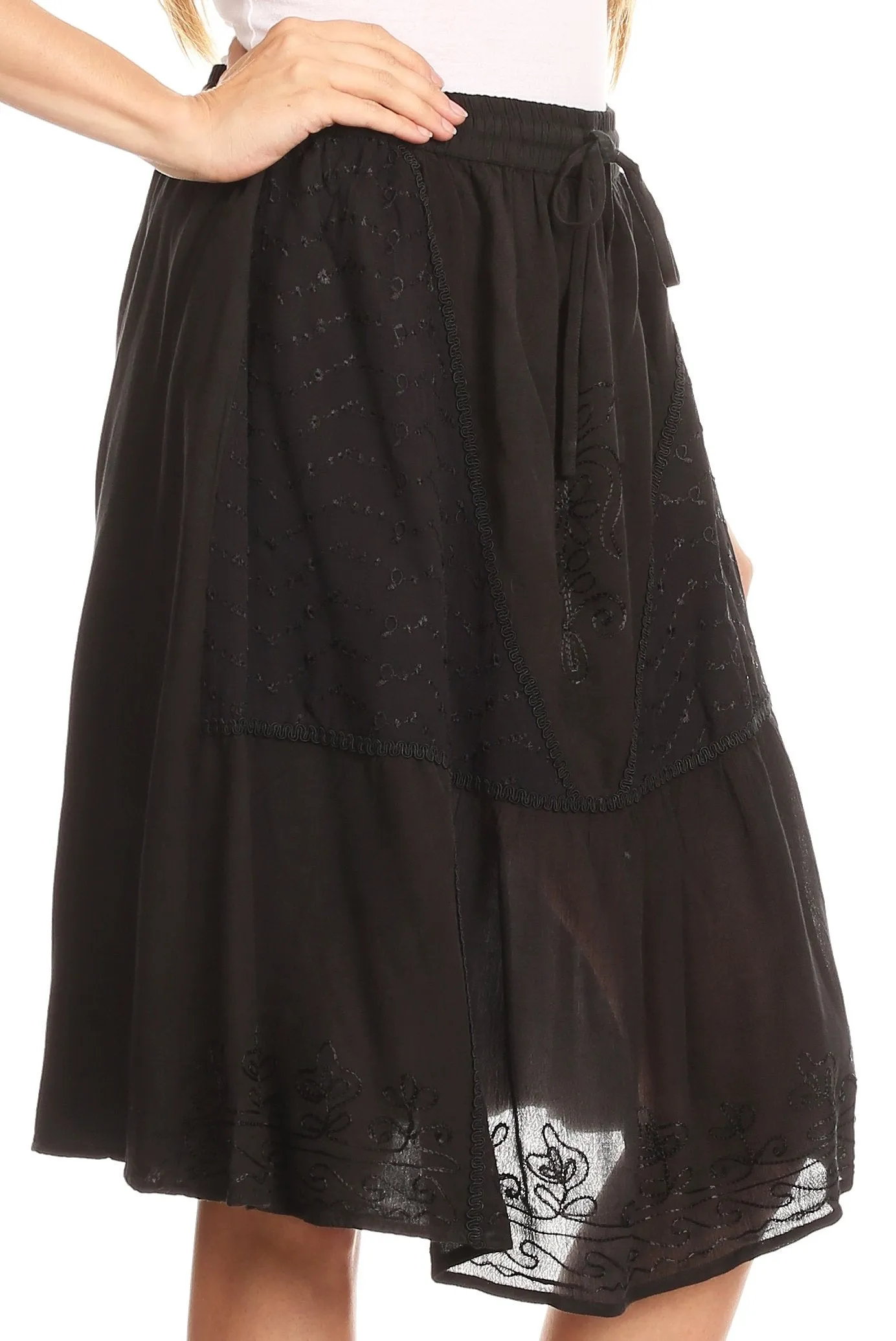 Sakkas Beyza  Casual Peasant Mid Skirt with Elastic Waist Embroidery and Eyelet