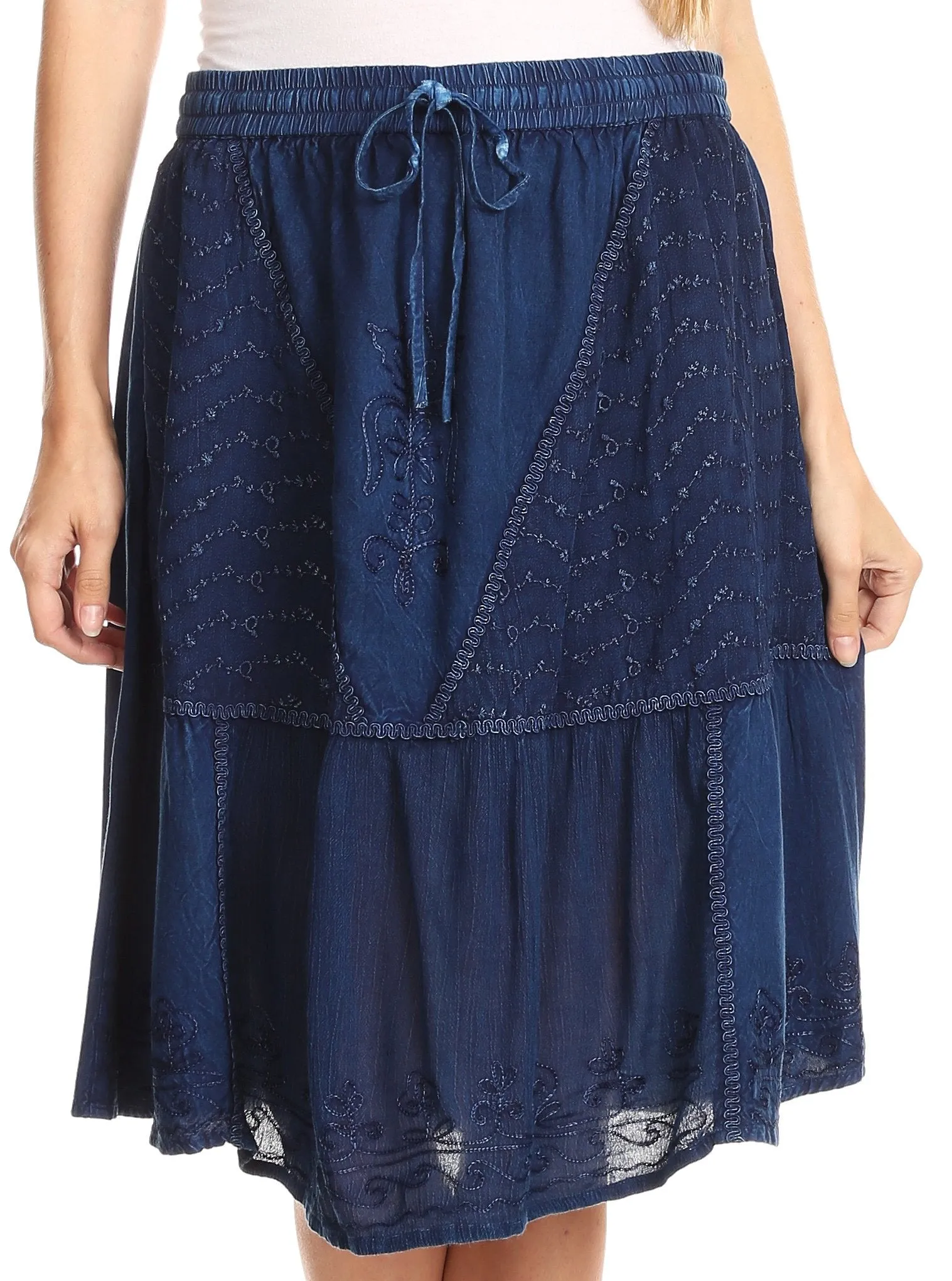 Sakkas Beyza  Casual Peasant Mid Skirt with Elastic Waist Embroidery and Eyelet