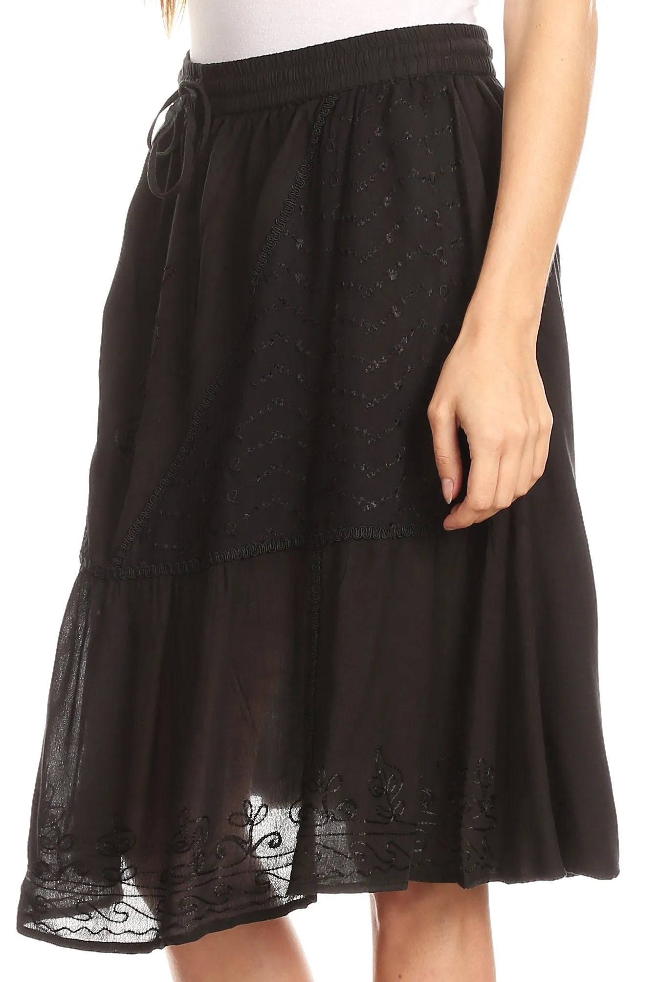 Sakkas Beyza  Casual Peasant Mid Skirt with Elastic Waist Embroidery and Eyelet